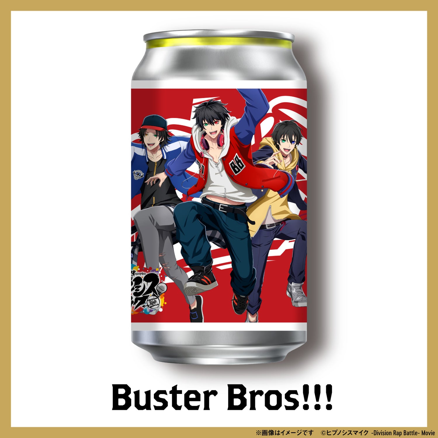 赤背景にキャラクター3人が並ぶBuster Bros!!!のヒプマイラベル缶。グループロゴとキャラ名入り