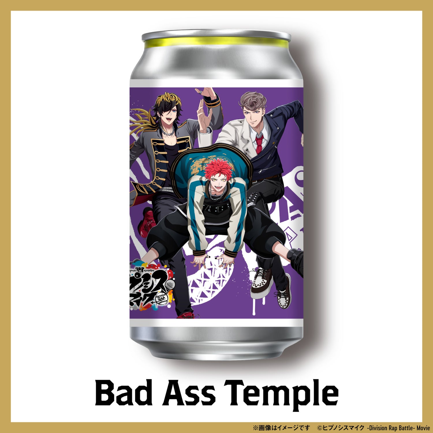 紫をベースに、和とストリートが融合したデザインが特徴のBad Ass Templeラベル缶。キャラクター3人が印象的に配置