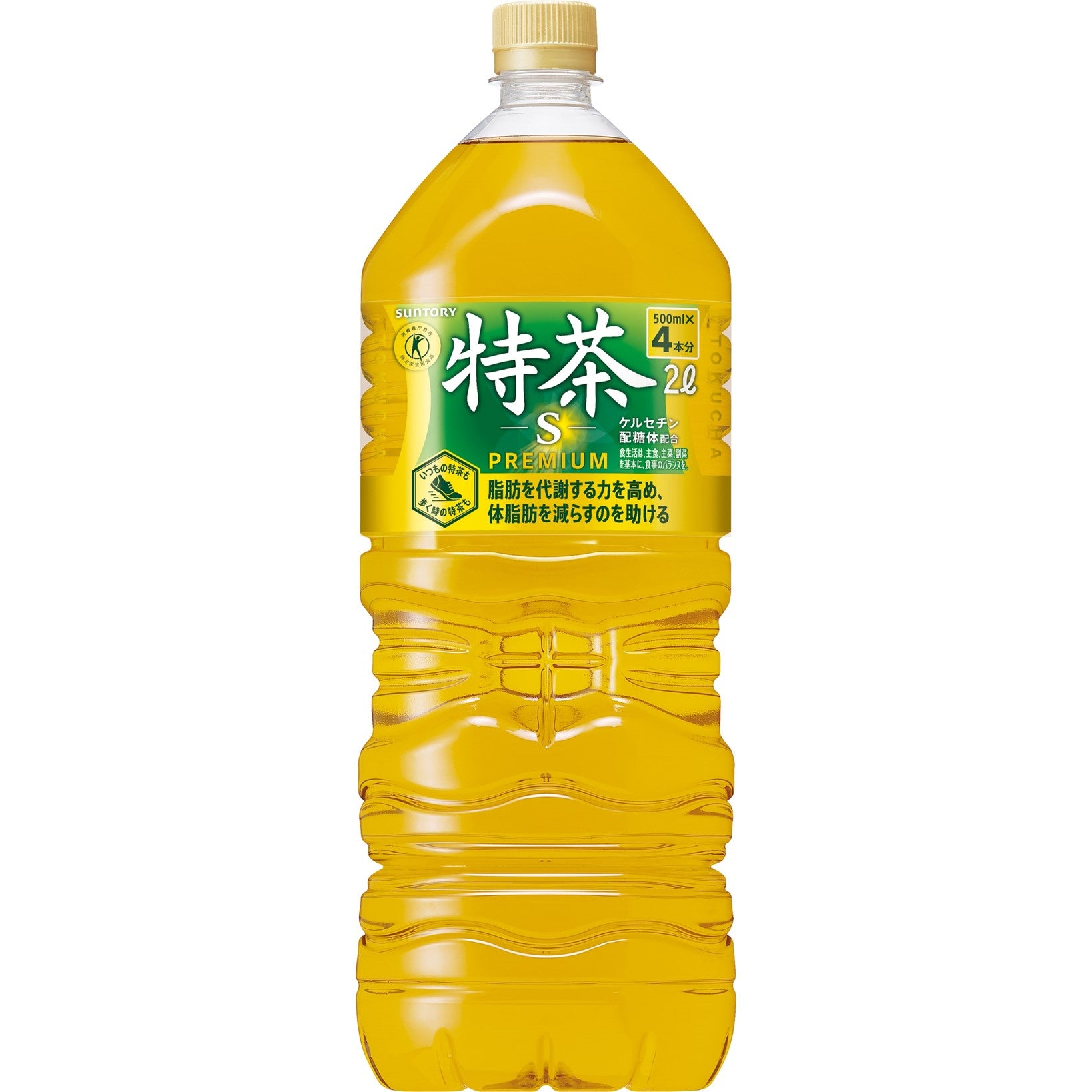 伊右衛門 特茶2Lペットボトルの正面画像。黄緑ラベルに「脂肪を代謝する力を高める」「PREMIUM」など機能性が記載された特定保健用食品