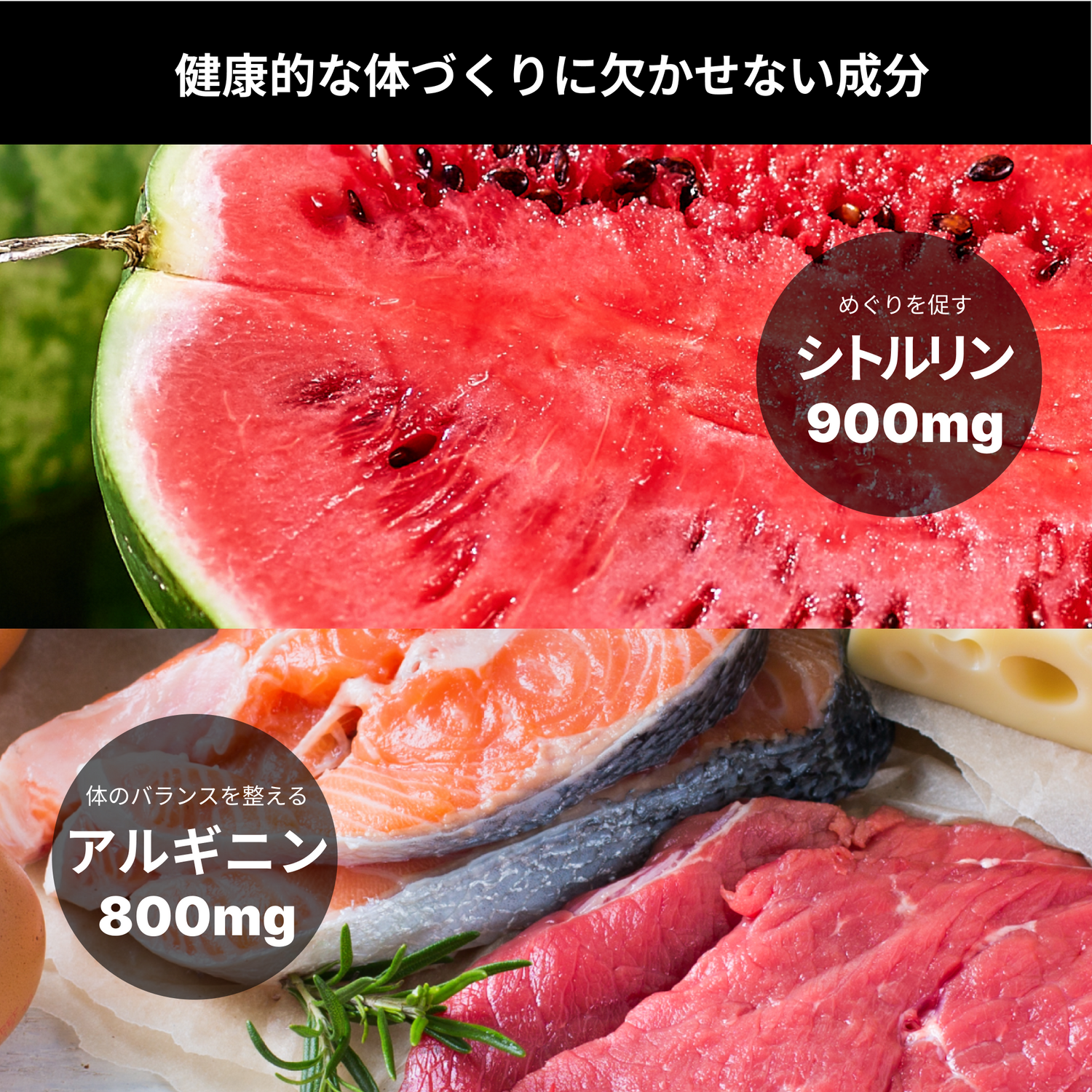 シトルリンとアルギニンの供給源となる「スイカ」「サーモン」「赤身肉」を強調し、栄養成分の由来を伝える原材料訴求画像