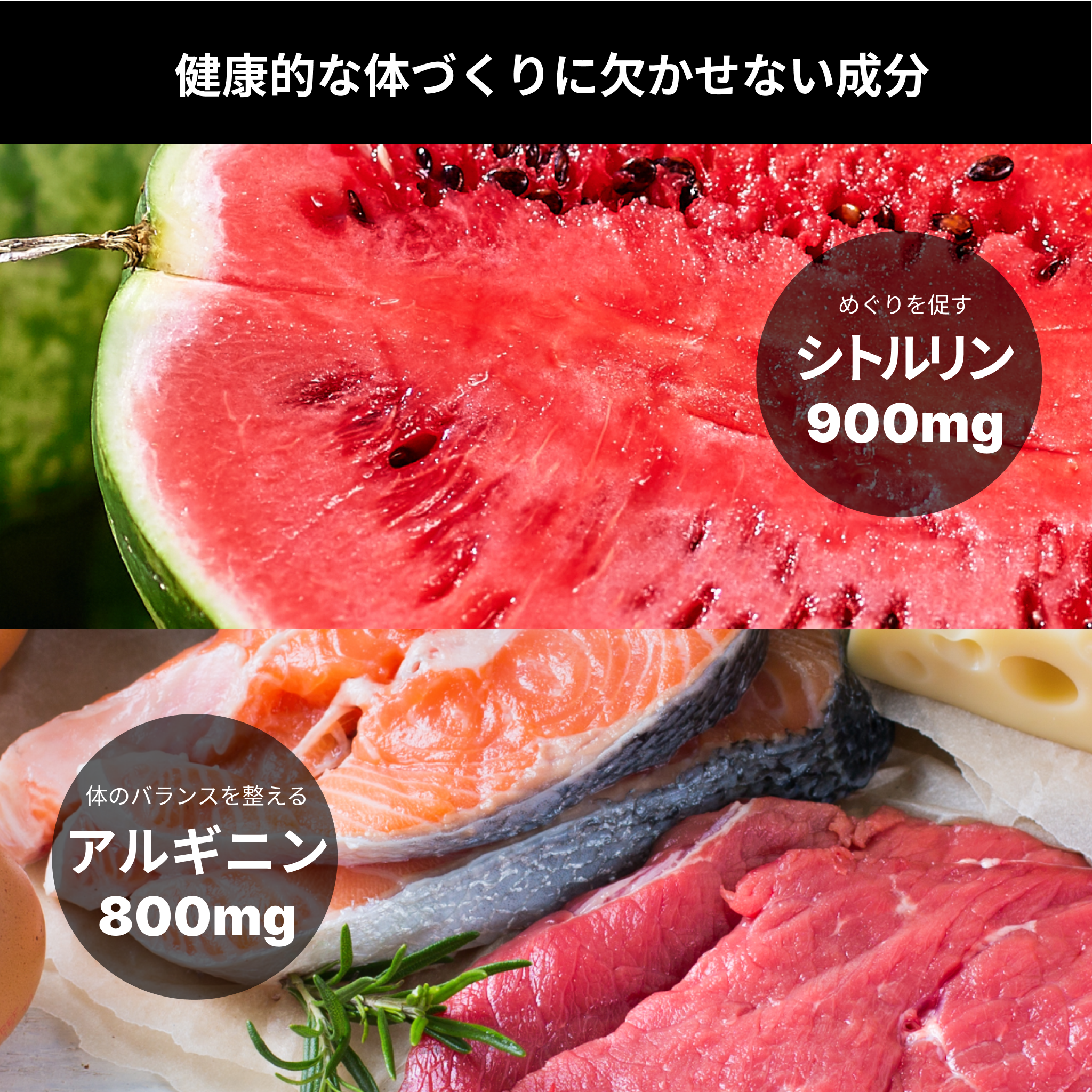 シトルリンとアルギニンの供給源となる「スイカ」「サーモン」「赤身肉」を強調し、栄養成分の由来を伝える原材料訴求画像