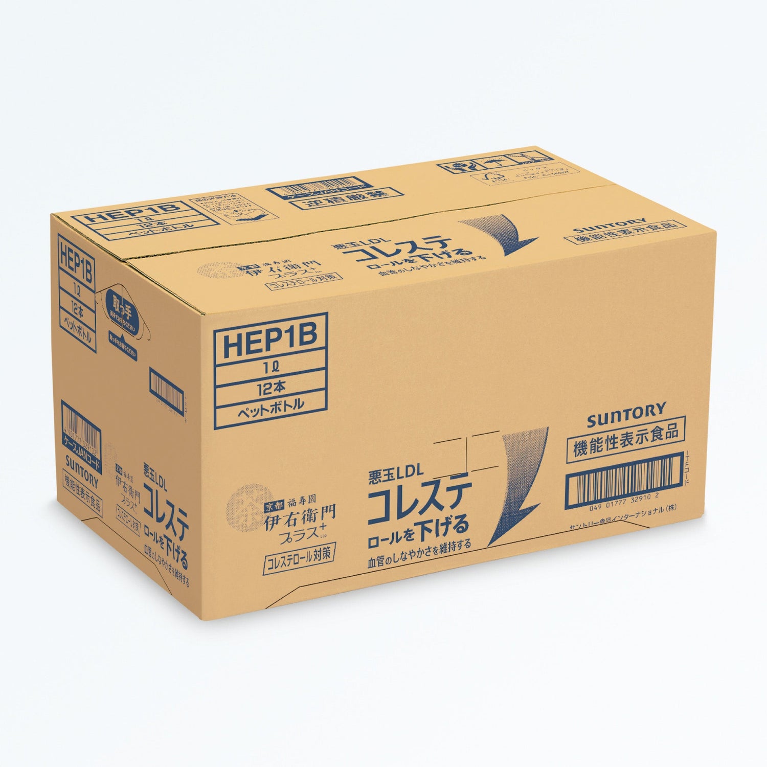 伊右衛門プラス コレステロール対策1L×12本の段ボールケース。商品名と機能表示が大きく印字された配送用外装