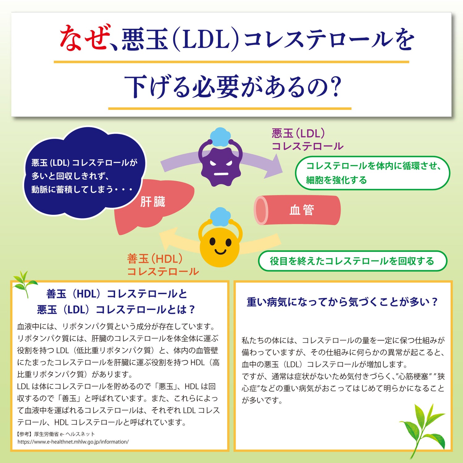 「悪玉コレステロールが増えると何が起こるか」を解説し、対策の必要性と飲用メリットを説明した構造図付き画像