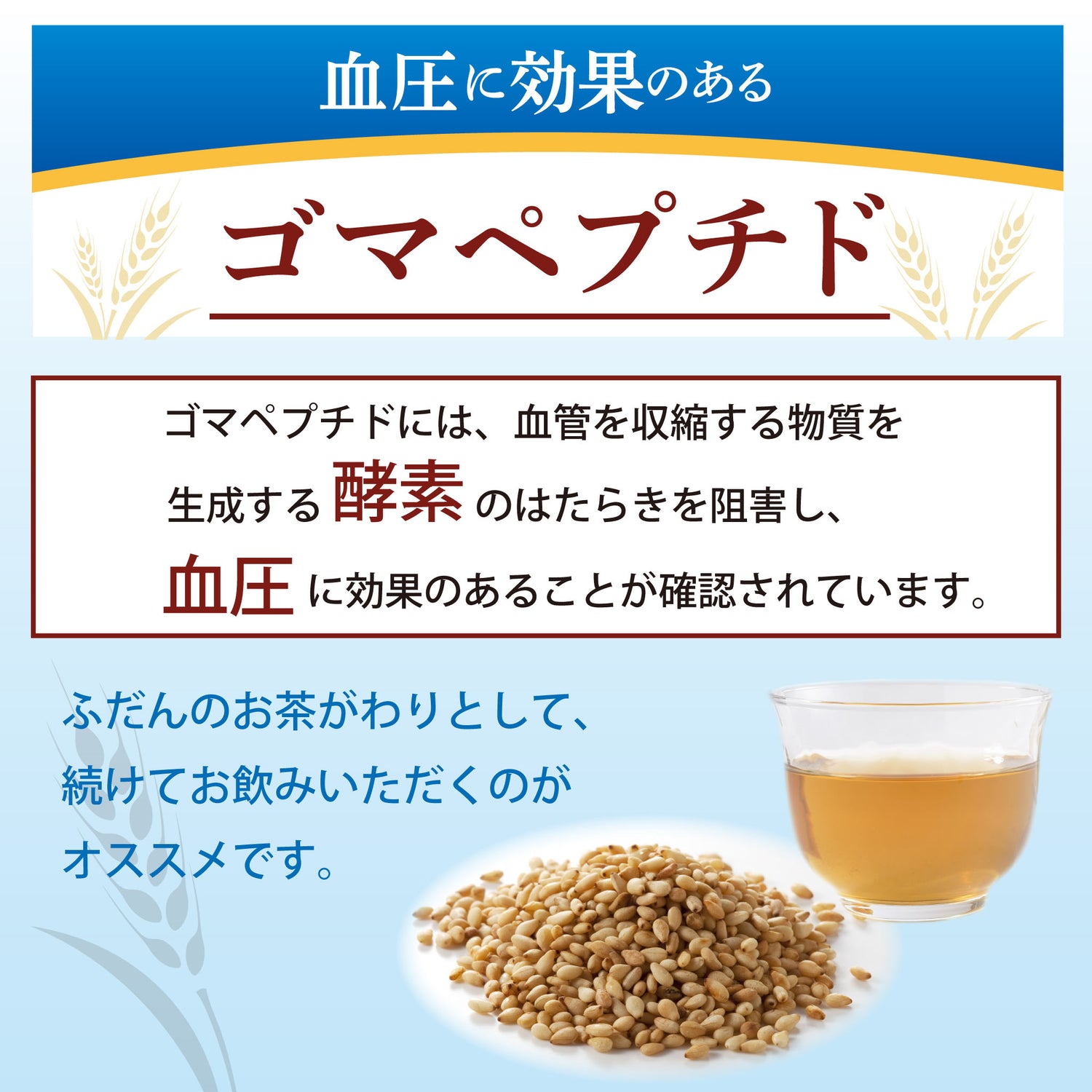 血圧に働きかける成分「ゴマペプチド」の機能説明と、茶碗と胡麻のビジュアルを添えた訴求画像