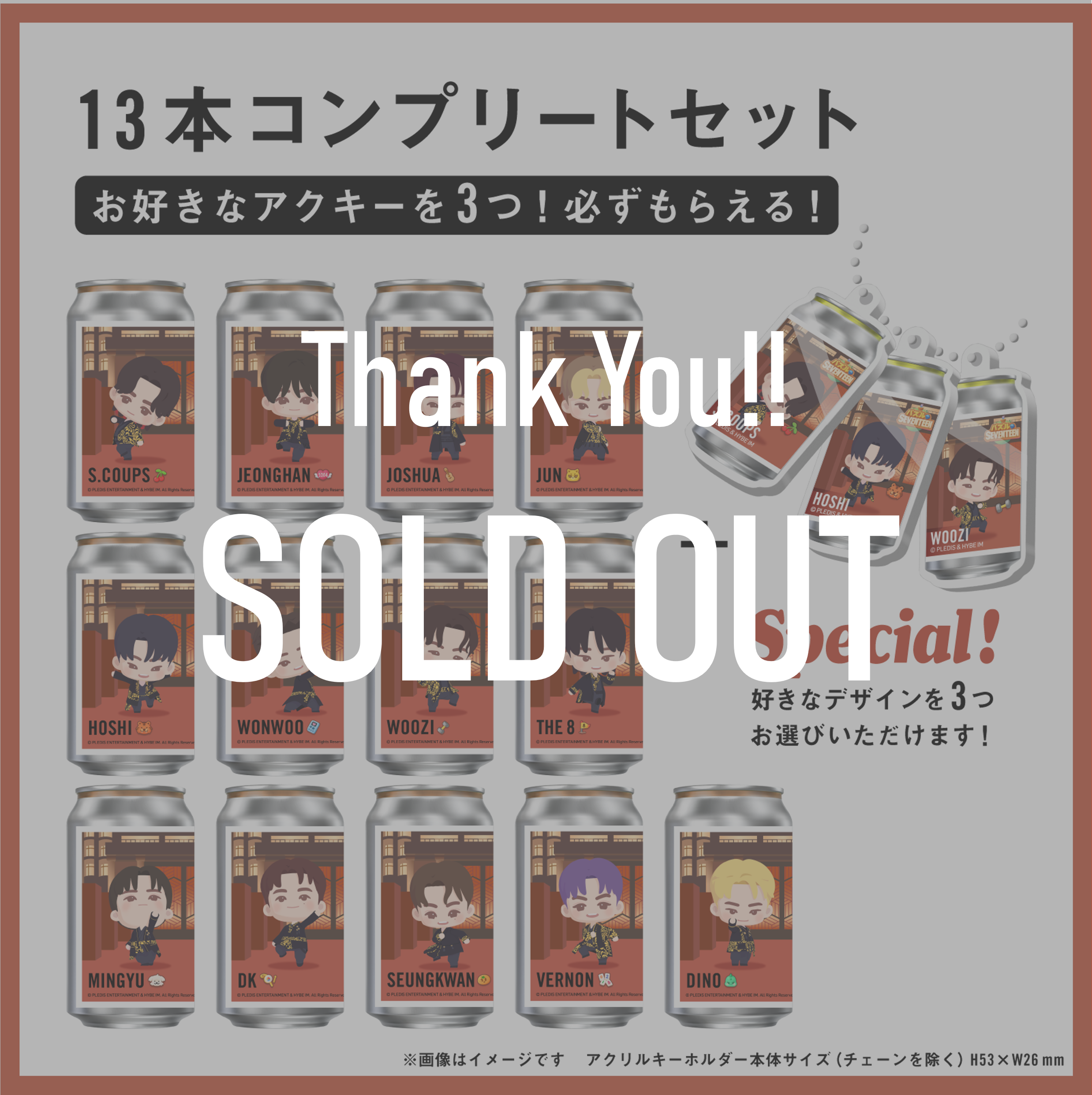 SEVENTEEN コンプリート TEAMのラベル缶13種が横並びになった商品画像。「お好きなアクキーが3つ選べる」特典付き。Thank You!! SOLD OUTの文字入り